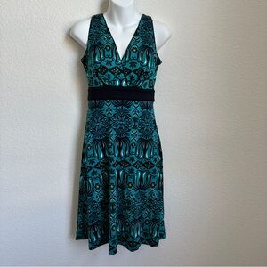 273 Tory Burch Casual Dress V Neck Sleeveless Teal Baroque Print Dress